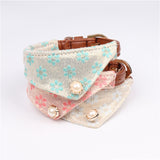 Cute Bowknot Pets Dog Collars - Floral Print, Adjustable PU Leather, Matching Leash