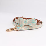 Cute Bowknot Pets Dog Collars - Floral Print, Adjustable PU Leather, Matching Leash