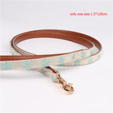 Cute Bowknot Pets Dog Collars - Floral Print, Adjustable PU Leather, Matching Leash