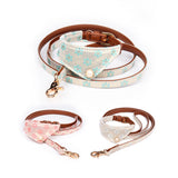 Cute Bowknot Pets Dog Collars - Floral Print, Adjustable PU Leather, Matching Leash